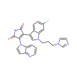 O=C1NC(=O)C(n2ccc3ncccc32)=C1c1cn(CCCn2ccnc2)c2cc(F)ccc12 ZINC000042989845