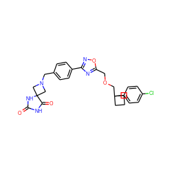 O=C1NC(=O)C2(CN(Cc3ccc(-c4noc(COCC5(c6ccc(Cl)cc6)CCC5)n4)cc3)C2)N1 ZINC000113875819