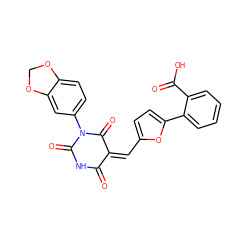 O=C1NC(=O)N(c2ccc3c(c2)OCO3)C(=O)/C1=C\c1ccc(-c2ccccc2C(=O)O)o1 ZINC000013638430