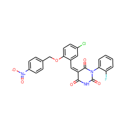 O=C1NC(=O)N(c2ccccc2F)C(=O)/C1=C\c1cc(Cl)ccc1OCc1ccc([N+](=O)[O-])cc1 ZINC000007003450