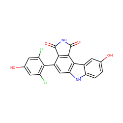 O=C1NC(=O)c2c1c(-c1c(Cl)cc(O)cc1Cl)cc1[nH]c3ccc(O)cc3c21 ZINC000034804123