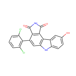 O=C1NC(=O)c2c1c(-c1c(Cl)cccc1Cl)cc1[nH]c3ccc(O)cc3c21 ZINC000034804069