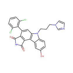 O=C1NC(=O)c2c1c(-c1c(Cl)cccc1Cl)cc1c2c2cc(O)ccc2n1CCCn1ccnc1 ZINC000038804714