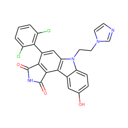 O=C1NC(=O)c2c1c(-c1c(Cl)cccc1Cl)cc1c2c2cc(O)ccc2n1CCn1ccnc1 ZINC000040379660