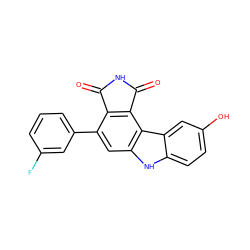 O=C1NC(=O)c2c1c(-c1cccc(F)c1)cc1[nH]c3ccc(O)cc3c21 ZINC000034804140