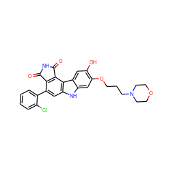 O=C1NC(=O)c2c1c(-c1ccccc1Cl)cc1[nH]c3cc(OCCCN4CCOCC4)c(O)cc3c21 ZINC000029127360