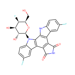 O=C1NC(=O)c2c1c1c3cc(F)ccc3[nH]c1c1c2c2cc(F)ccc2n1[C@@H]1O[C@H](CO)[C@H](F)[C@H](O)[C@H]1O ZINC000200834266