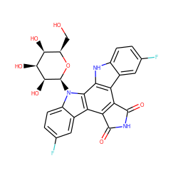 O=C1NC(=O)c2c1c1c3cc(F)ccc3[nH]c1c1c2c2cc(F)ccc2n1[C@@H]1O[C@H](CO)[C@H](O)[C@H](O)[C@@H]1O ZINC000253701791