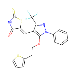 O=C1NC(=S)S/C1=C\c1c(C(F)(F)F)nn(-c2ccccc2)c1OCCc1cccs1 ZINC000028822874