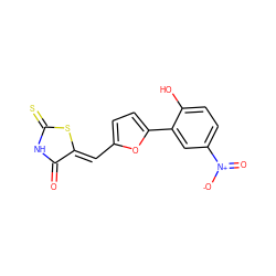 O=C1NC(=S)S/C1=C\c1ccc(-c2cc([N+](=O)[O-])ccc2O)o1 ZINC000035962275