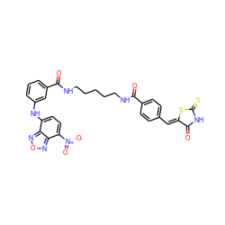 O=C1NC(=S)S/C1=C\c1ccc(C(=O)NCCCCCNC(=O)c2cccc(Nc3ccc([N+](=O)[O-])c4nonc34)c2)cc1 ZINC000163911907