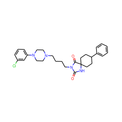 O=C1NC2(CCC(c3ccccc3)CC2)C(=O)N1CCCCN1CCN(c2cccc(Cl)c2)CC1 ZINC000474609472