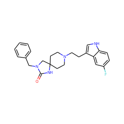 O=C1NC2(CCN(CCc3c[nH]c4ccc(F)cc34)CC2)CN1Cc1ccccc1 ZINC000013743414