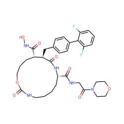 O=C1NCCCC[C@@H](C(=O)NCC(=O)N2CCOCC2)NC(=O)[C@H](Cc2ccc(-c3c(F)cccc3F)cc2)[C@@H](C(=O)NO)CCCO1 ZINC000026996525