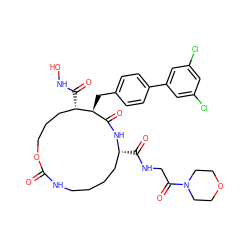 O=C1NCCCC[C@@H](C(=O)NCC(=O)N2CCOCC2)NC(=O)[C@H](Cc2ccc(-c3cc(Cl)cc(Cl)c3)cc2)[C@@H](C(=O)NO)CCCO1 ZINC000027073663