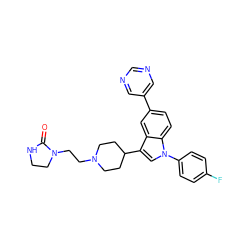 O=C1NCCN1CCN1CCC(c2cn(-c3ccc(F)cc3)c3ccc(-c4cncnc4)cc23)CC1 ZINC000013493013