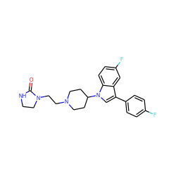 O=C1NCCN1CCN1CCC(n2cc(-c3ccc(F)cc3)c3cc(F)ccc32)CC1 ZINC000013731234