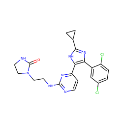 O=C1NCCN1CCNc1nccc(-c2[nH]c(C3CC3)nc2-c2cc(Cl)ccc2Cl)n1 ZINC000029043386