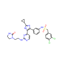 O=C1NCCN1CCNc1nccc(-c2[nH]c(C3CC3)nc2-c2cccc(NS(=O)(=O)Cc3ccc(Cl)c(Cl)c3)c2)n1 ZINC000029042574