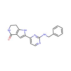 O=C1NCCc2[nH]c(-c3ccnc(NCc4ccccc4)n3)cc21 ZINC000028970722