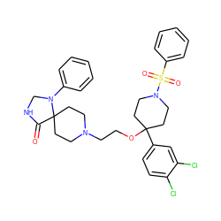 O=C1NCN(c2ccccc2)C12CCN(CCOC1(c3ccc(Cl)c(Cl)c3)CCN(S(=O)(=O)c3ccccc3)CC1)CC2 ZINC000049833566