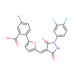 O=C1NN(c2ccc(Cl)c(Cl)c2)C(=O)/C1=C\c1ccc(-c2ccc(Br)cc2C(=O)O)o1 ZINC000028640771