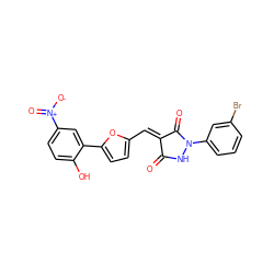 O=C1NN(c2cccc(Br)c2)C(=O)/C1=C/c1ccc(-c2cc([N+](=O)[O-])ccc2O)o1 ZINC000036250250