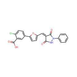 O=C1NN(c2ccccc2)C(=O)/C1=C/c1ccc(-c2ccc(Cl)c(C(=O)O)c2)o1 ZINC000004156777