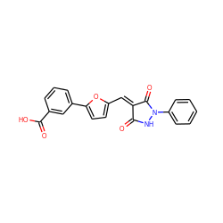 O=C1NN(c2ccccc2)C(=O)/C1=C/c1ccc(-c2cccc(C(=O)O)c2)o1 ZINC000005647375