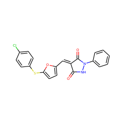 O=C1NN(c2ccccc2)C(=O)/C1=C/c1ccc(Sc2ccc(Cl)cc2)o1 ZINC000001261571