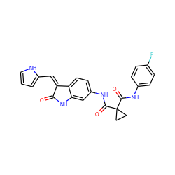 O=C1Nc2cc(NC(=O)C3(C(=O)Nc4ccc(F)cc4)CC3)ccc2/C1=C/c1ccc[nH]1 ZINC000299831463