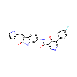 O=C1Nc2cc(NC(=O)c3c[nH]cc(-c4ccc(F)cc4)c3=O)ccc2/C1=C/c1ccc[nH]1 ZINC000205822965