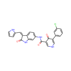 O=C1Nc2cc(NC(=O)c3c[nH]cc(-c4cccc(Cl)c4)c3=O)ccc2/C1=C/c1ccc[nH]1 ZINC000205823025