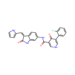 O=C1Nc2cc(NC(=O)c3c[nH]cc(-c4ccccc4F)c3=O)ccc2/C1=C/c1ccc[nH]1 ZINC000205258575