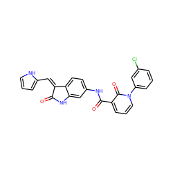 O=C1Nc2cc(NC(=O)c3cccn(-c4cccc(Cl)c4)c3=O)ccc2/C1=C/c1ccc[nH]1 ZINC000221489231