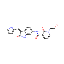 O=C1Nc2cc(NC(=O)c3cccn(CCO)c3=O)ccc2/C1=C/c1ccc[nH]1 ZINC000221490293