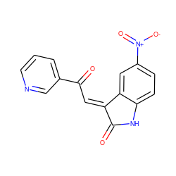 O=C1Nc2ccc([N+](=O)[O-])cc2/C1=C\C(=O)c1cccnc1 ZINC000071332943