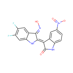 O=C1Nc2ccc([N+](=O)[O-])cc2/C1=C1/Nc2cc(F)c(F)cc2/C1=N\O ZINC000299865079