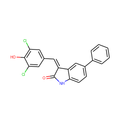 O=C1Nc2ccc(-c3ccccc3)cc2/C1=C/c1cc(Cl)c(O)c(Cl)c1 ZINC000026379697