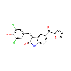 O=C1Nc2ccc(C(=O)c3ccco3)cc2/C1=C/c1cc(Cl)c(O)c(Cl)c1 ZINC000084495542