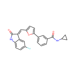 O=C1Nc2ccc(F)cc2/C1=C\c1ccc(-c2cccc(C(=O)NC3CC3)c2)o1 ZINC000084710354