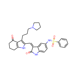 O=C1Nc2ccc(NS(=O)(=O)c3ccccc3)cc2/C1=C/c1[nH]c2c(c1CCCN1CCCC1)C(=O)CCC2 ZINC000058582112