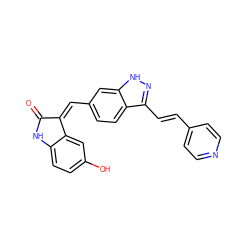 O=C1Nc2ccc(O)cc2/C1=C\c1ccc2c(/C=C/c3ccncc3)n[nH]c2c1 ZINC000096273697