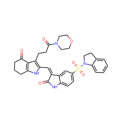 O=C1Nc2ccc(S(=O)(=O)N3CCc4ccccc43)cc2/C1=C/c1[nH]c2c(c1CCC(=O)N1CCOCC1)C(=O)CCC2 ZINC000058547993