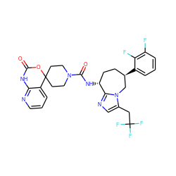 O=C1Nc2ncccc2C2(CCN(C(=O)N[C@@H]3CC[C@@H](c4cccc(F)c4F)Cn4c(CC(F)(F)F)cnc43)CC2)O1 ZINC000071341709