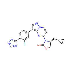 O=C1OC[C@H](CC2CC2)N1c1ccn2ncc(-c3ccc(-c4nc[nH]n4)c(F)c3)c2n1 ZINC000116184810