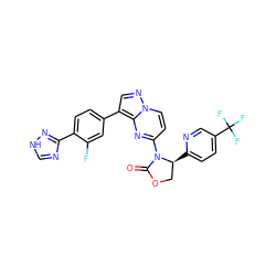 O=C1OC[C@H](c2ccc(C(F)(F)F)cn2)N1c1ccn2ncc(-c3ccc(-c4nc[nH]n4)c(F)c3)c2n1 ZINC000165236950