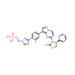 O=C1OC[C@H](c2ccccn2)N1c1ccn2ncc(-c3ccc(-c4ncn(COP(=O)(O)O)n4)c(F)c3)c2n1 ZINC000116185061