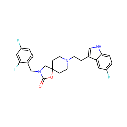 O=C1OC2(CCN(CCc3c[nH]c4ccc(F)cc34)CC2)CN1Cc1ccc(F)cc1F ZINC000013743433