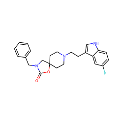 O=C1OC2(CCN(CCc3c[nH]c4ccc(F)cc34)CC2)CN1Cc1ccccc1 ZINC000000600653